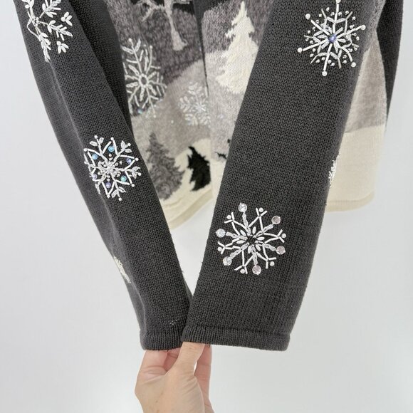 TIARA Winter Wonderland Ramie Blend Sweater Black Cardigan‎ Christmas Snowy Sz L - Picture 7 of 12